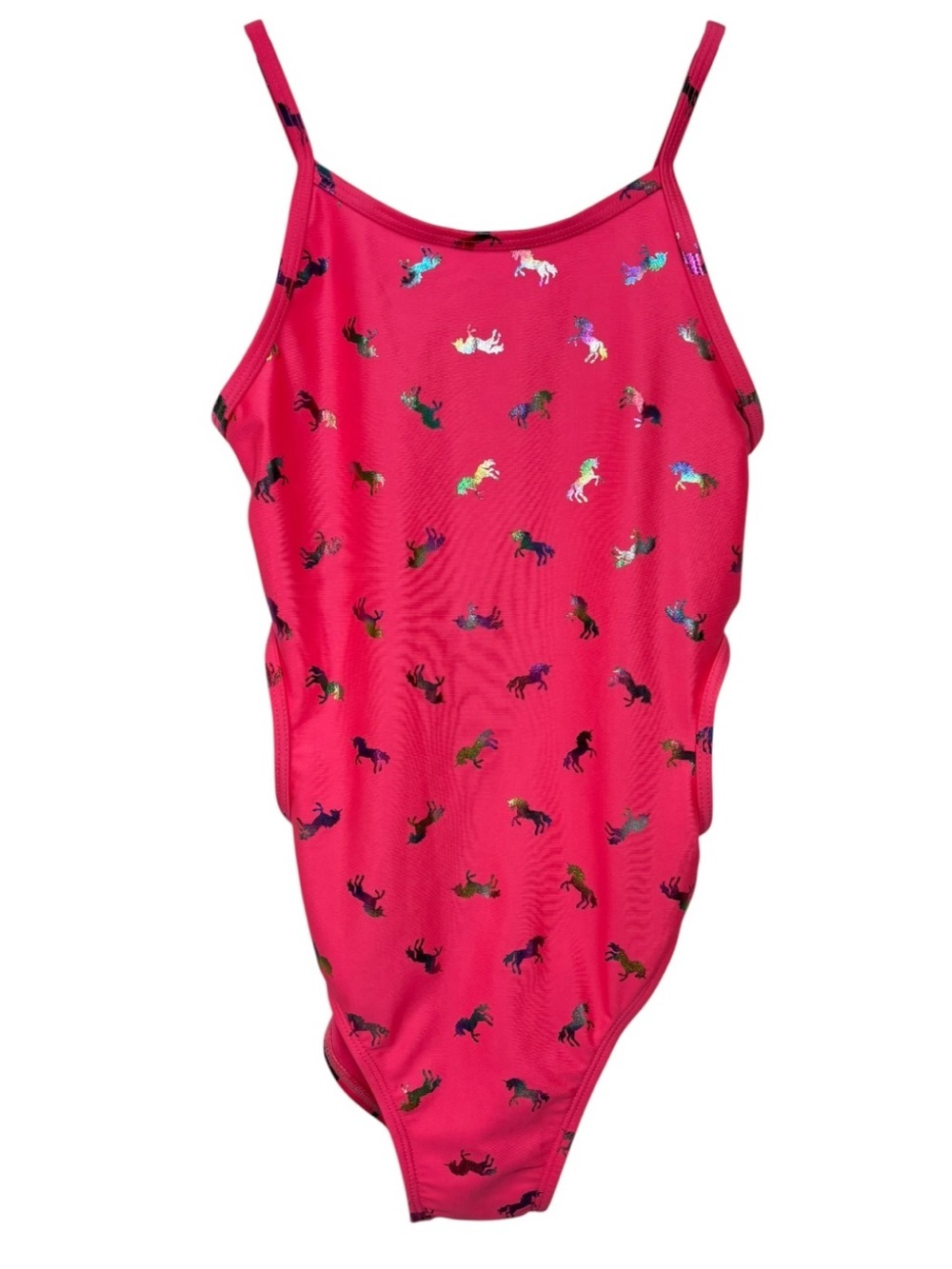 Place Bright Pink Foil Unicorn Cut Out One Piece Girl’s Swimsuit Size Medium 7/8